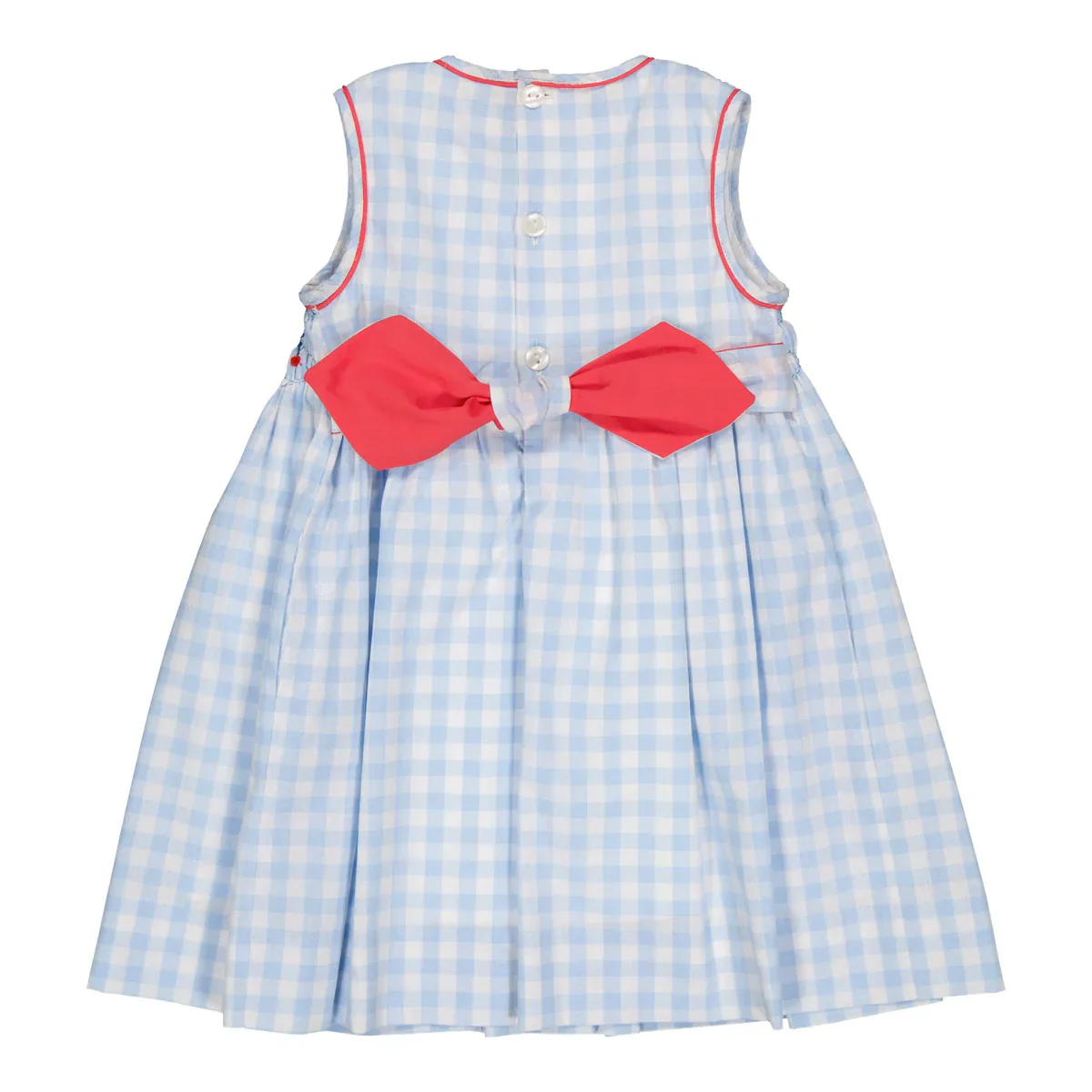 Abito e Culotte baby Emma in punto smock, ricamo ciliegie, in vichy azzurro - immagine 6